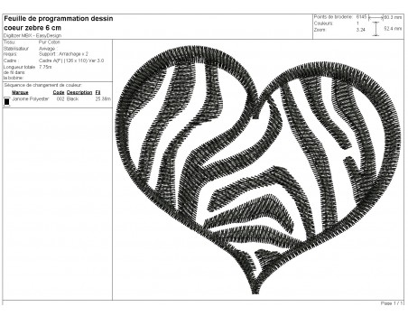 Motif de broderie machine coeur zebre