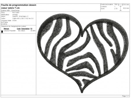 Motif de broderie machine coeur zebre