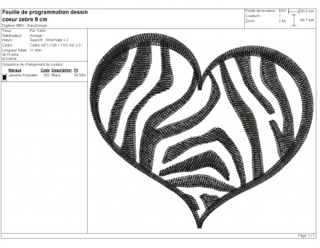 Motif de broderie machine coeur zebre