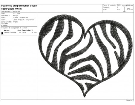 Motif de broderie machine coeur zebre