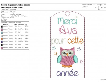 Motif de broderie  ITH marque pages Avs