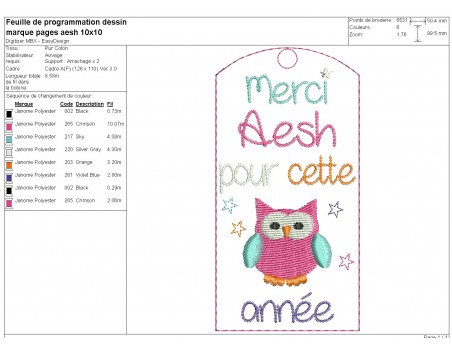 Motif de broderie  ITH marque pages Aesh