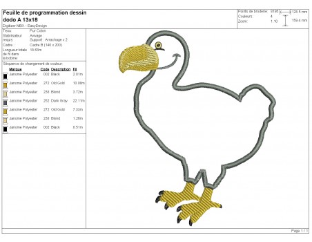 Motif de broderie machine  dodo en appliqué