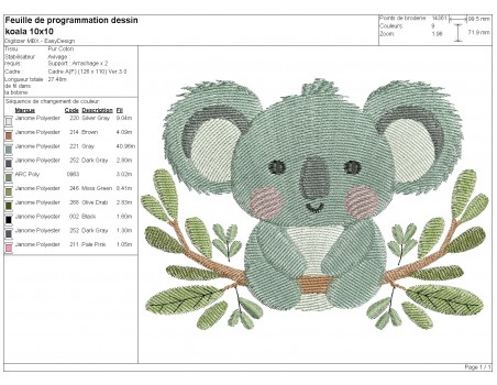 Motif de broderie machine  koala sur sa branche