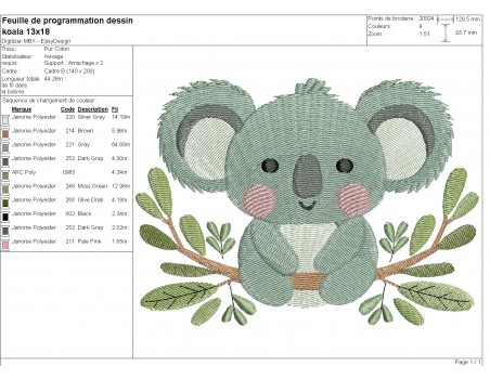 Motif de broderie machine  koala sur sa branche