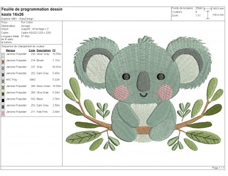 Motif de broderie machine  koala sur sa branche