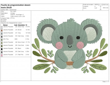 Motif de broderie machine  koala sur sa branche